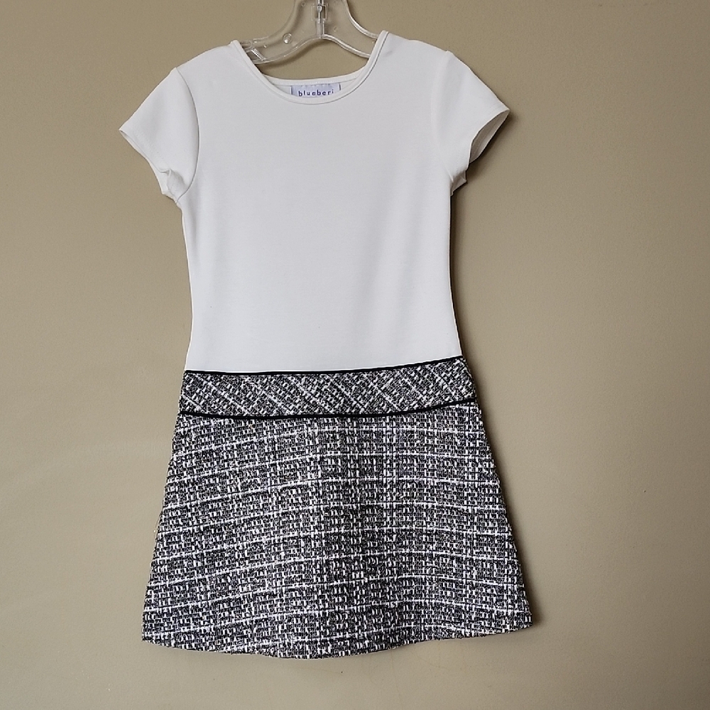 Blueberi Boulevard Girls' White Top with Black Tweed Skirt Dress 6years